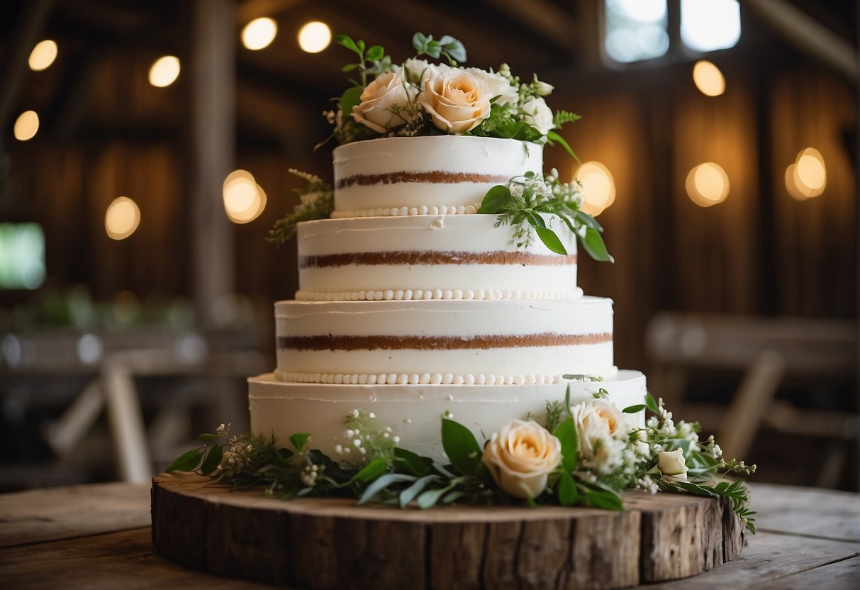 A three-tiered wedding cake adorned with fresh flowers and greenery, sitting on a wooden stand in a rustic barn setting