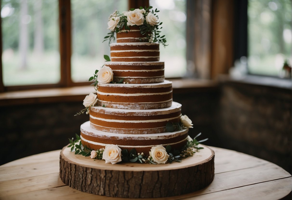 A tiered, rustic wedding cake adorned with natural elements like flowers, greenery, and wooden accents