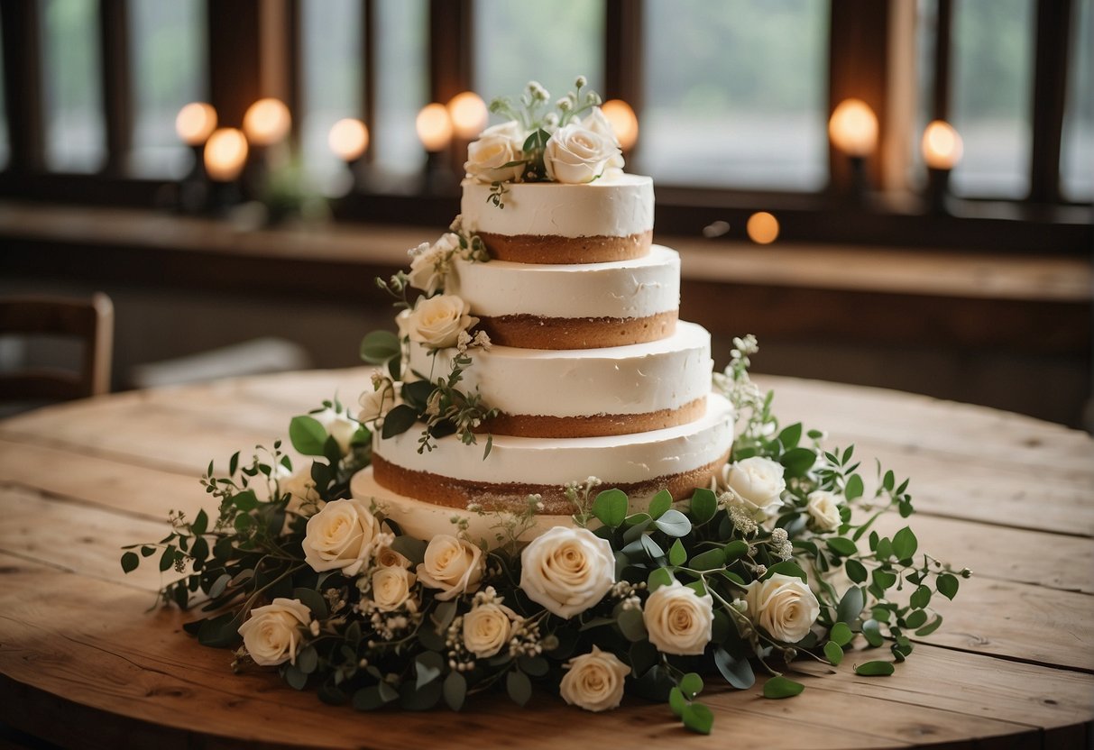 A three-tiered wedding cake adorned with fresh flowers and greenery sits on a wooden table, surrounded by vintage lanterns and burlap accents