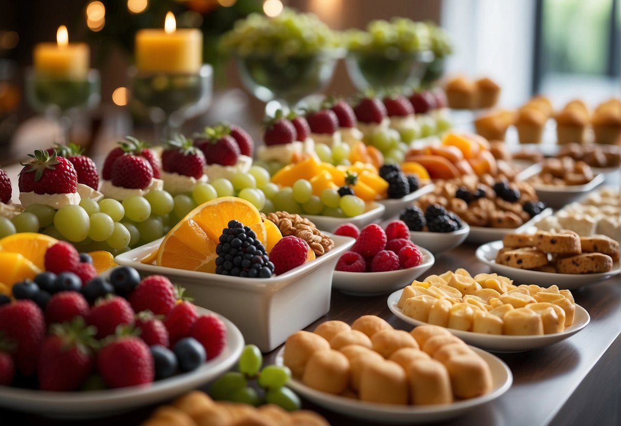 A buffet table displays assorted finger foods, fruit platters, and mini desserts. The backdrop features simple yet elegant decorations to create a festive atmosphere