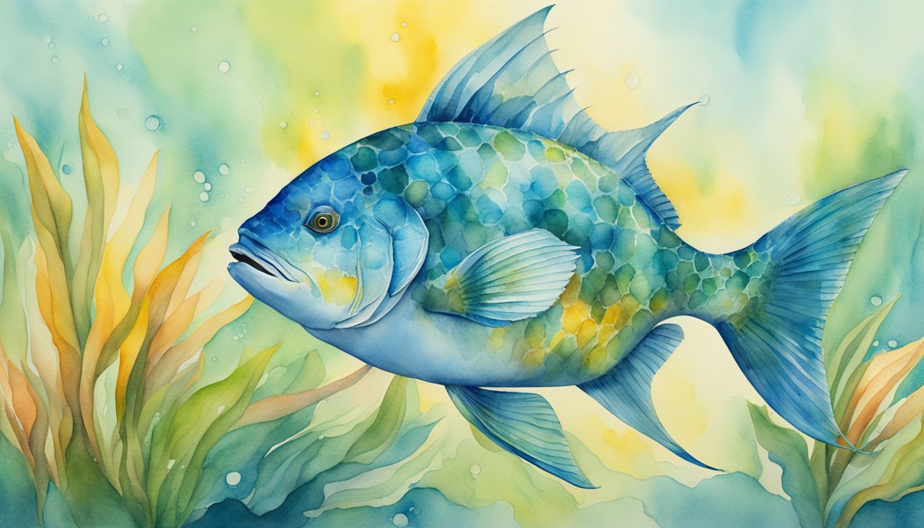 A sunfish swims gracefully through the clear, sunlit waters, its large, fin-like dorsal and anal fins undulating with each powerful movement.</p><p>The vibrant colors and patterns on its body catch the sunlight, creating a mesmerizing display of natural beauty