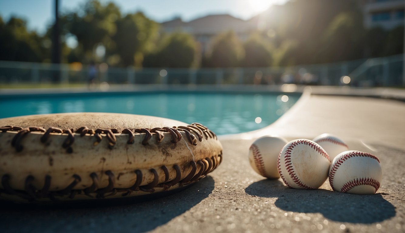 A baseball and a swimming pool are compared side by side