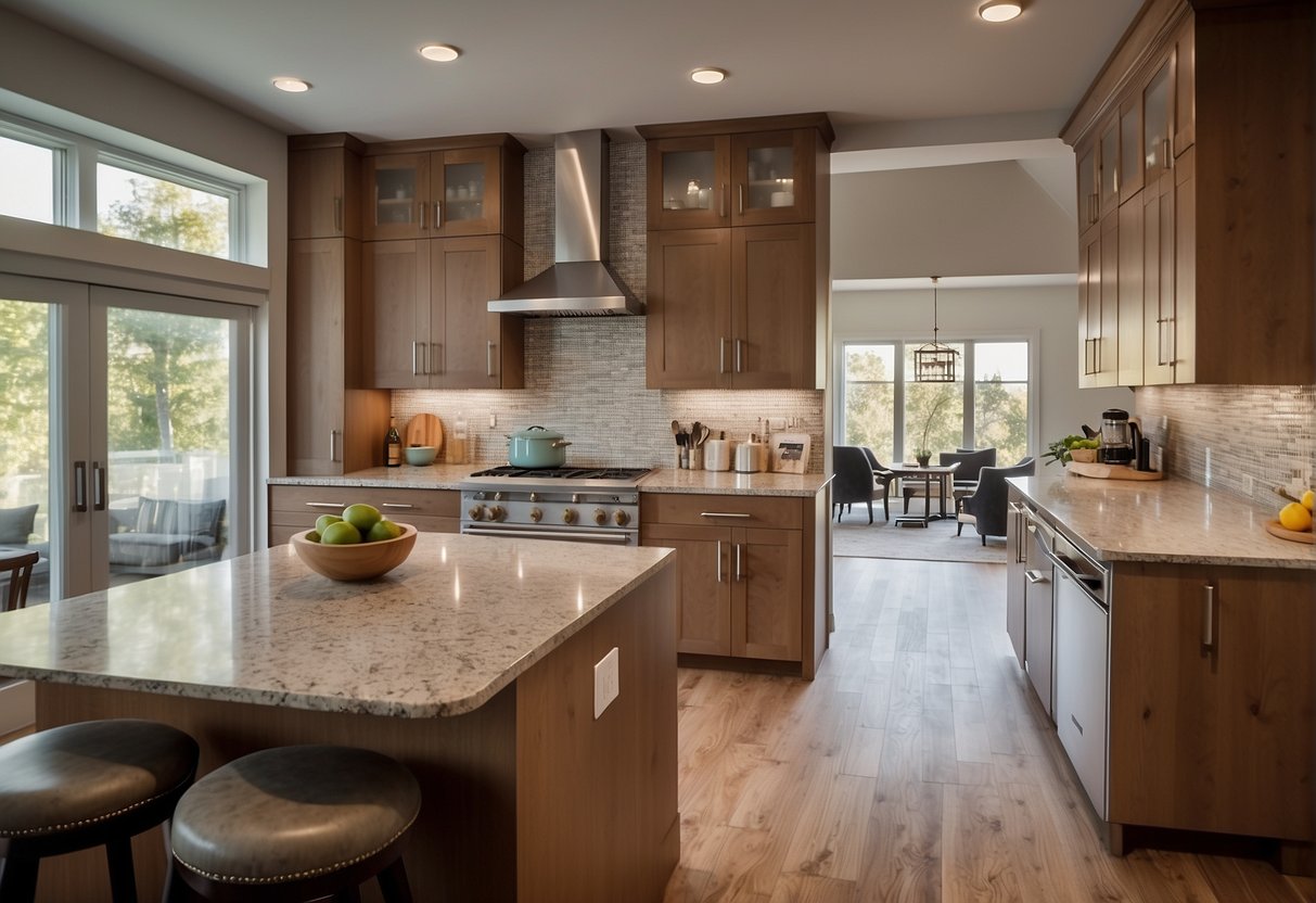 A spacious, modern kitchen with sleek wood cabinets, a large island, and stainless steel appliances. The natural wood tones create a warm and inviting atmosphere