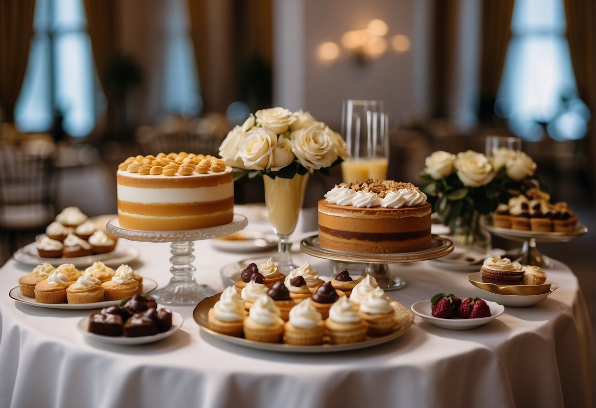 A table adorned with an array of decadent desserts and refreshing beverage options, set against a backdrop of elegant wedding reception decor