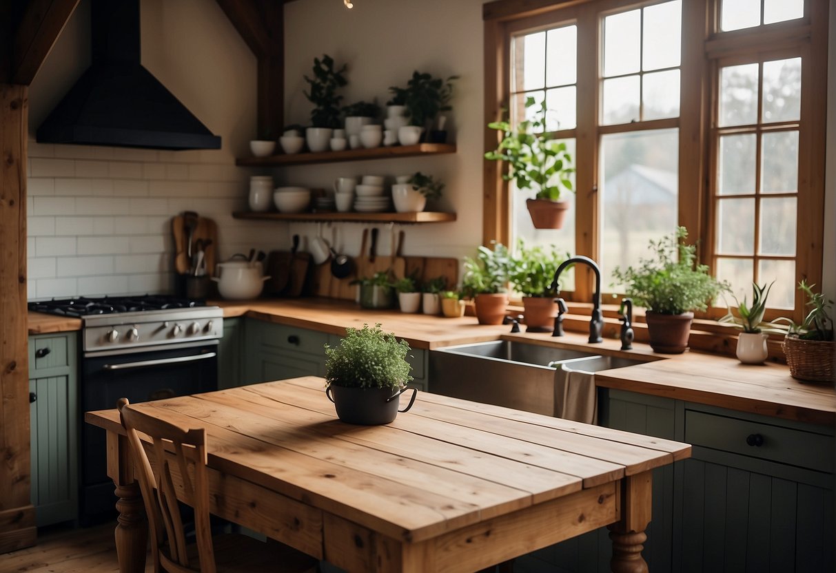 A cozy wood kitchen with rustic cabinets, a farmhouse sink, and wooden countertops. The space is accented with hanging pots and pans, a vintage stove, and a large wooden dining table