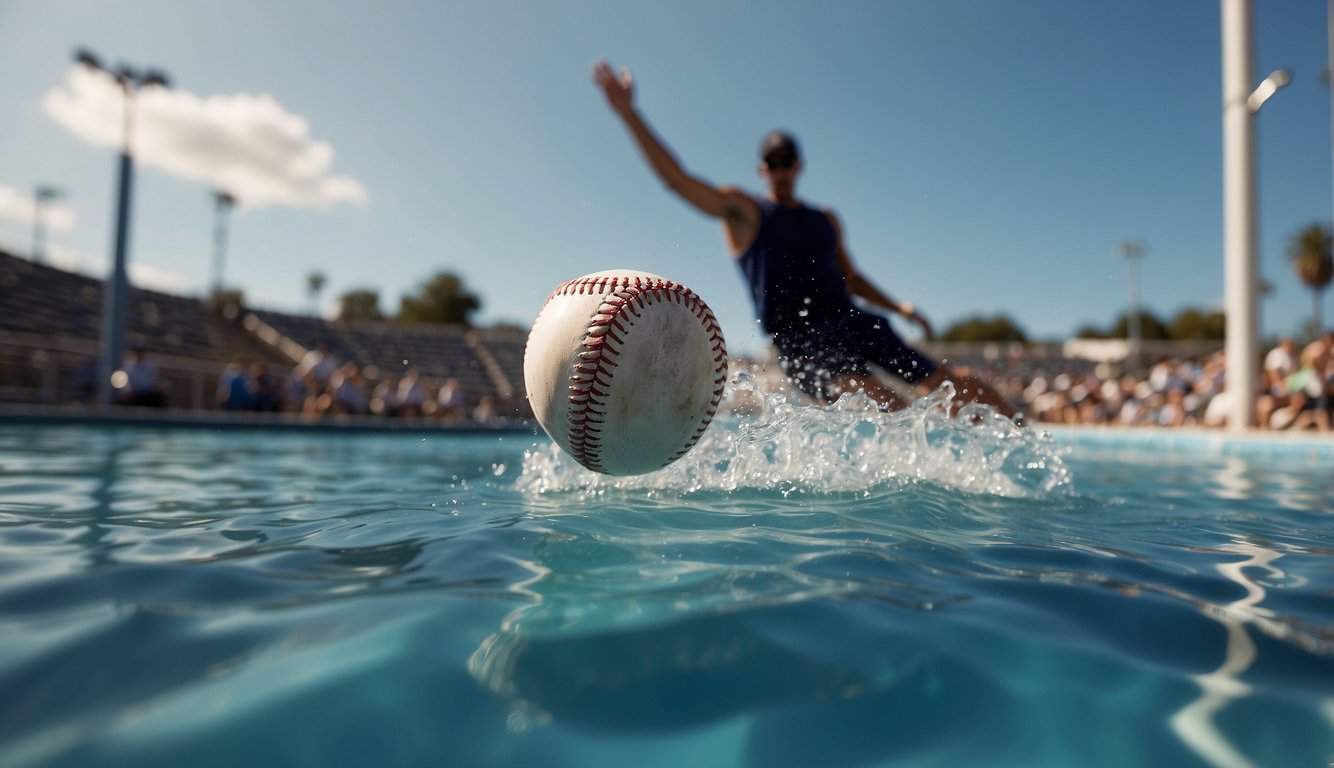 A baseball flying past a swimmer in a pool, showcasing the mental and coordination challenges of both sports