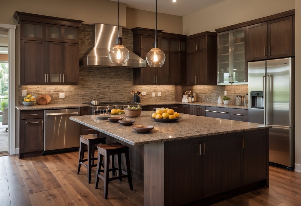 A modern kitchen with wood cabinets, granite countertops, and stainless steel appliances. Warm earthy tones and natural textures create a cozy and inviting atmosphere