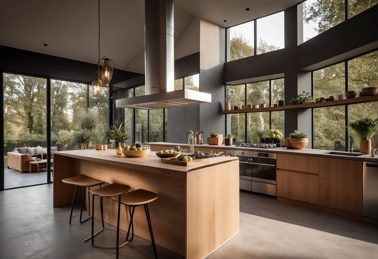 A spacious wood kitchen with natural light, a large central island, open shelving, and modern appliances. The warm tones of the wood create a cozy and inviting atmosphere