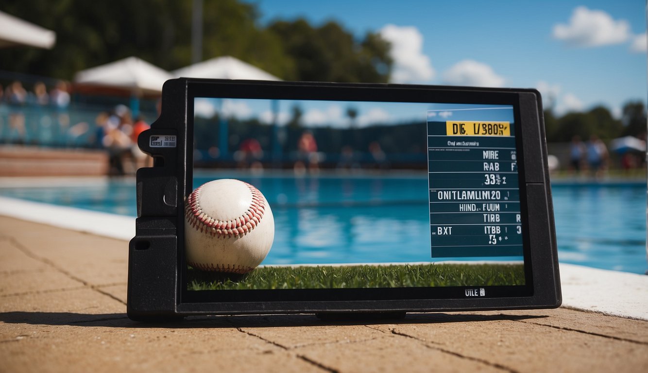 A baseball and a swimming pool side by side, with a scoreboard showing success and failure rates for each sport