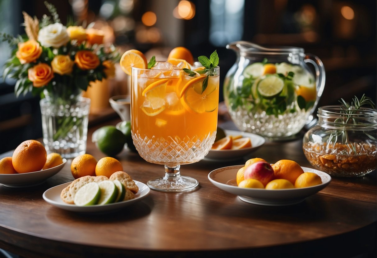 A table with various punch bowls, garnishes, and drink dispensers. Decorative signage and floral arrangements add to the festive atmosphere
