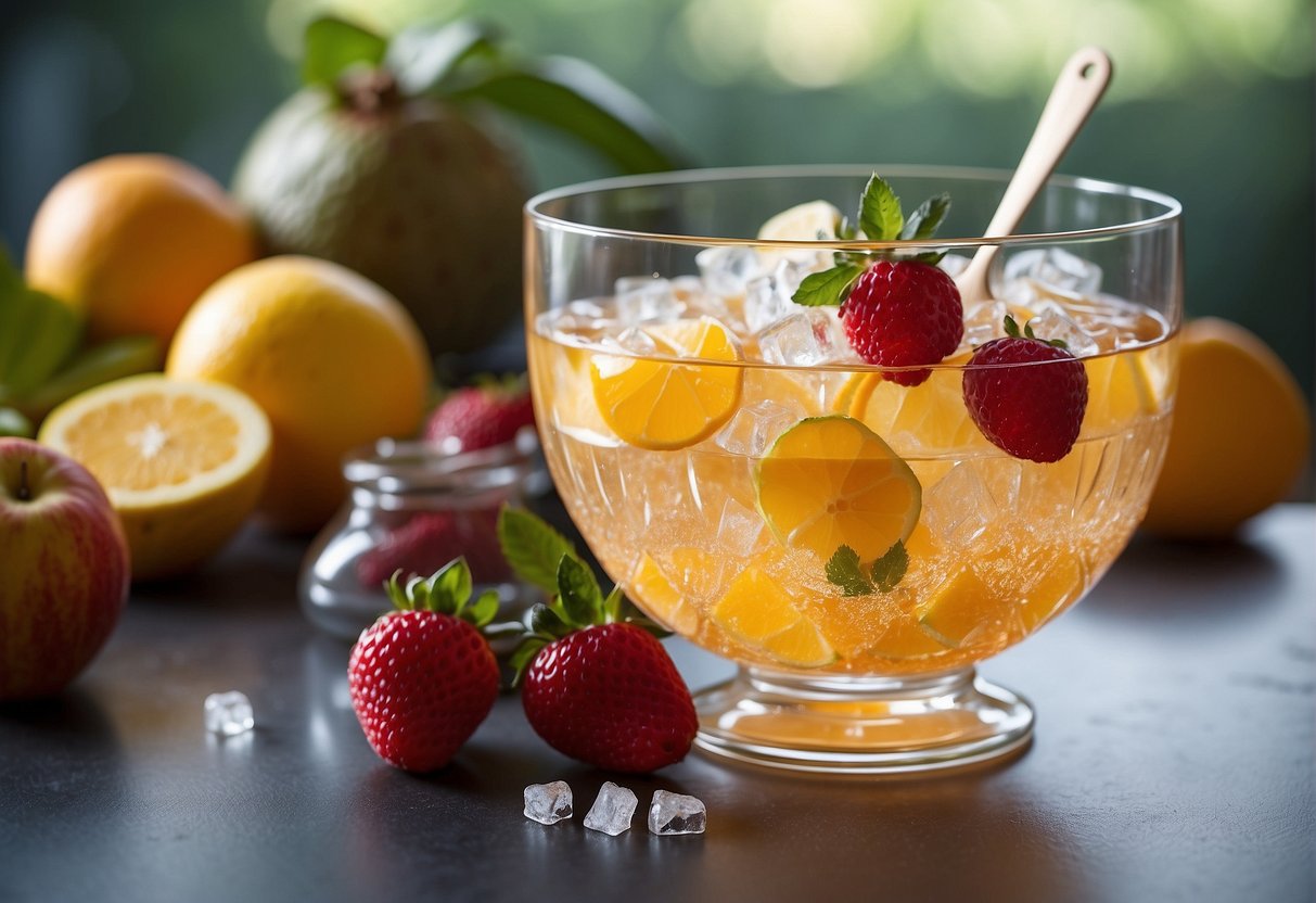A glass punch bowl filled with sparkling punch, surrounded by sliced fruit and ice cubes, with a decorative ladle resting on the rim