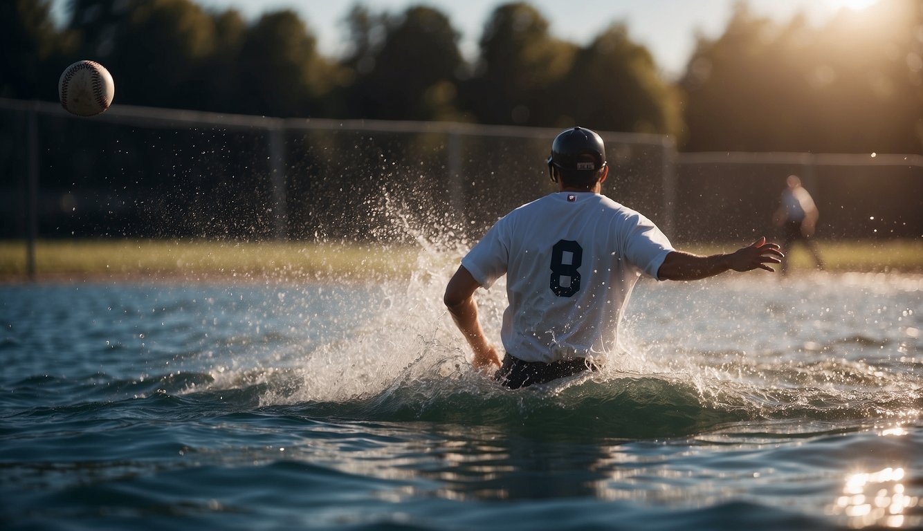 A baseball flying towards a player at high speed, while a swimmer gracefully glides through the water