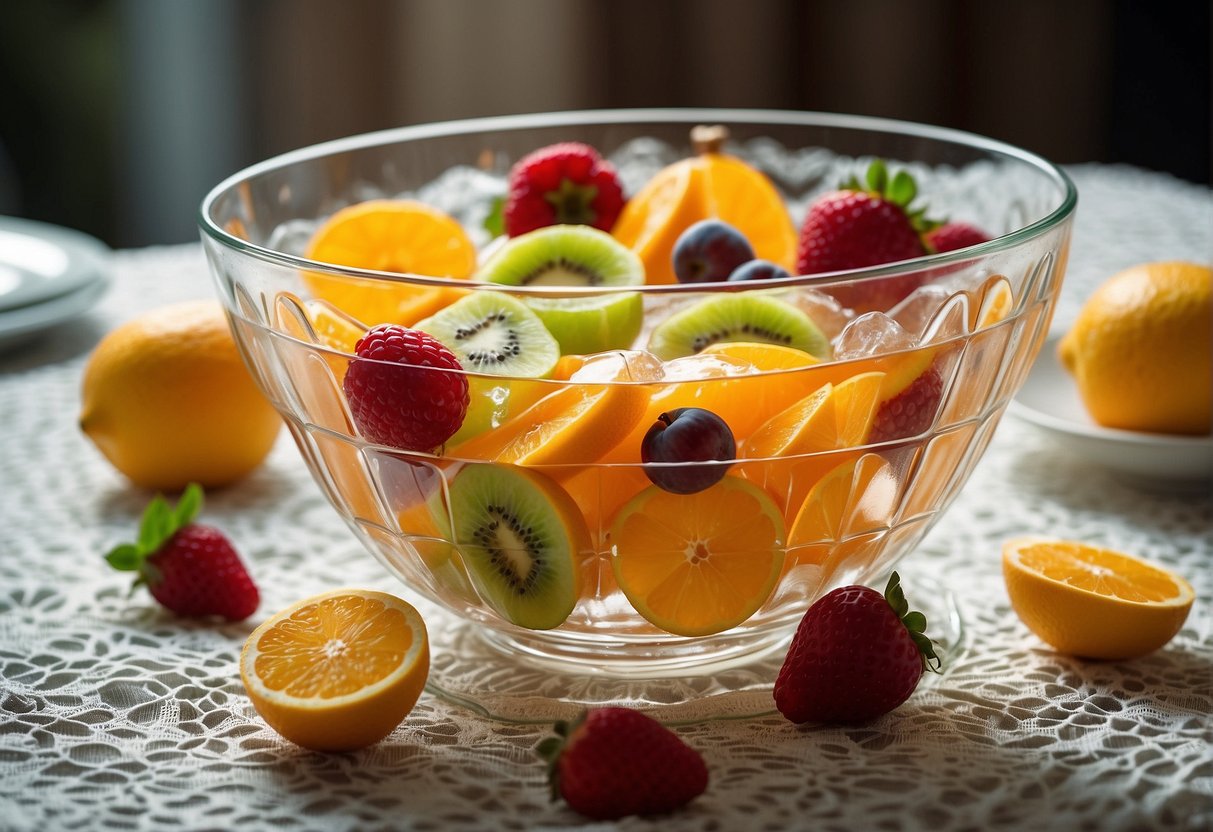A decorative punch bowl with floating fruit slices, surrounded by elegant glass cups on a lace tablecloth