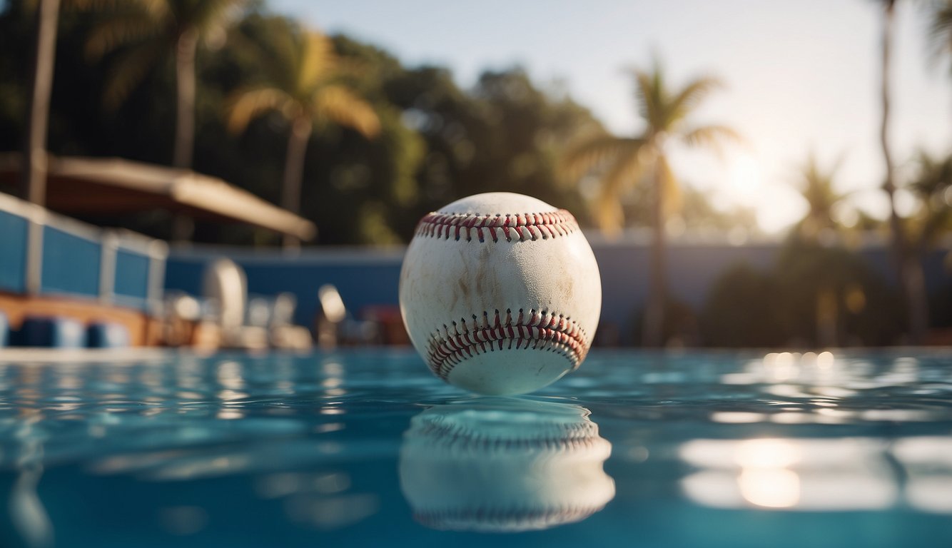 A baseball flying past a swimming pool, surrounded by cultural symbols