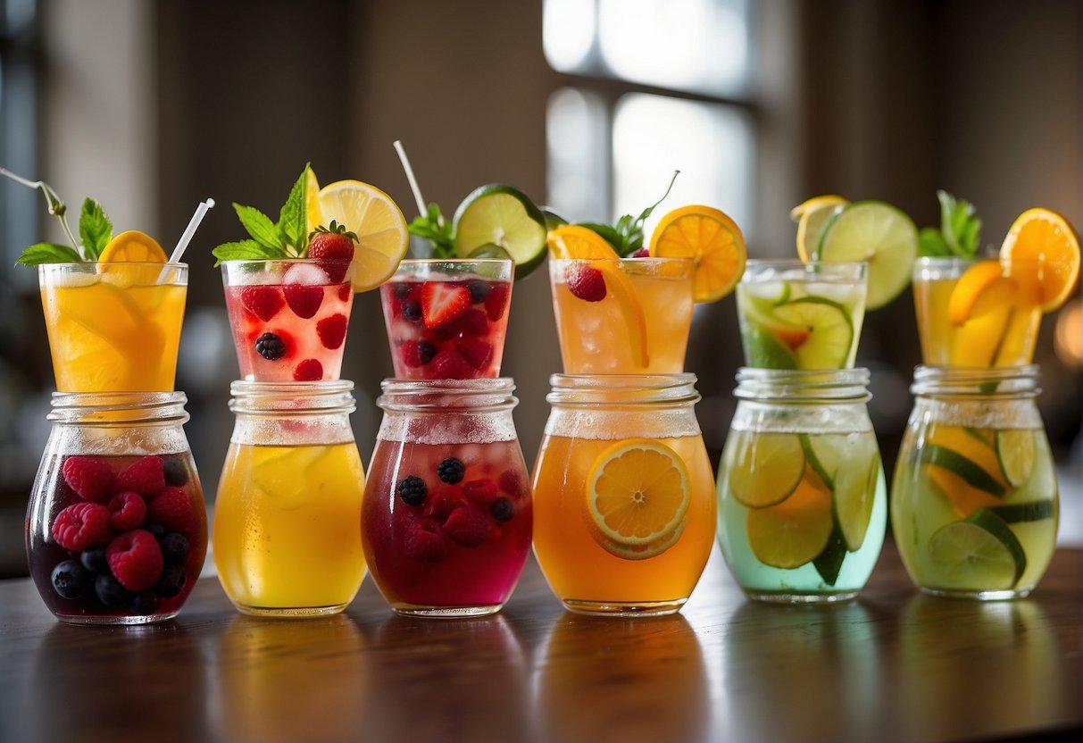 A table displays various fruit-infused waters and non-alcoholic punch options, with colorful garnishes and decorative glassware