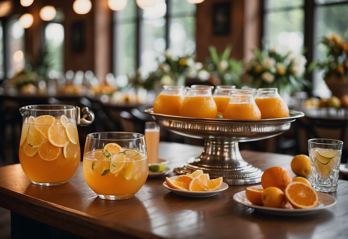 A table with various punch bowls, garnishes, and drink dispensers. Signage with "Frequently Asked Questions wedding punch ideas" displayed prominently