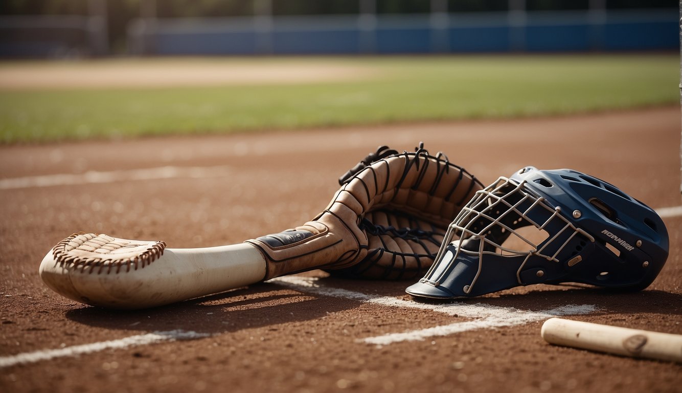 A baseball and hockey stick lie on the ground. A baseball glove and hockey goalie pads are nearby. The baseball diamond and hockey rink are in the background