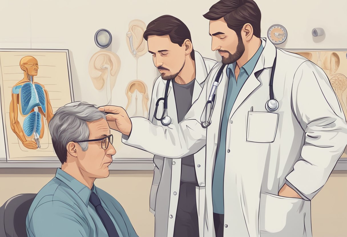 A doctor examines a patient's ear with a medical instrument, while the patient looks concerned. A chart on the wall shows the anatomy of the ear