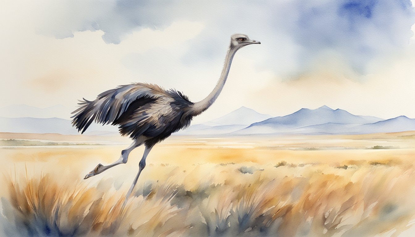 An ostrich running across a vast open plain with its long neck extended and wings slightly spread, capturing the essence of its majestic and powerful stride