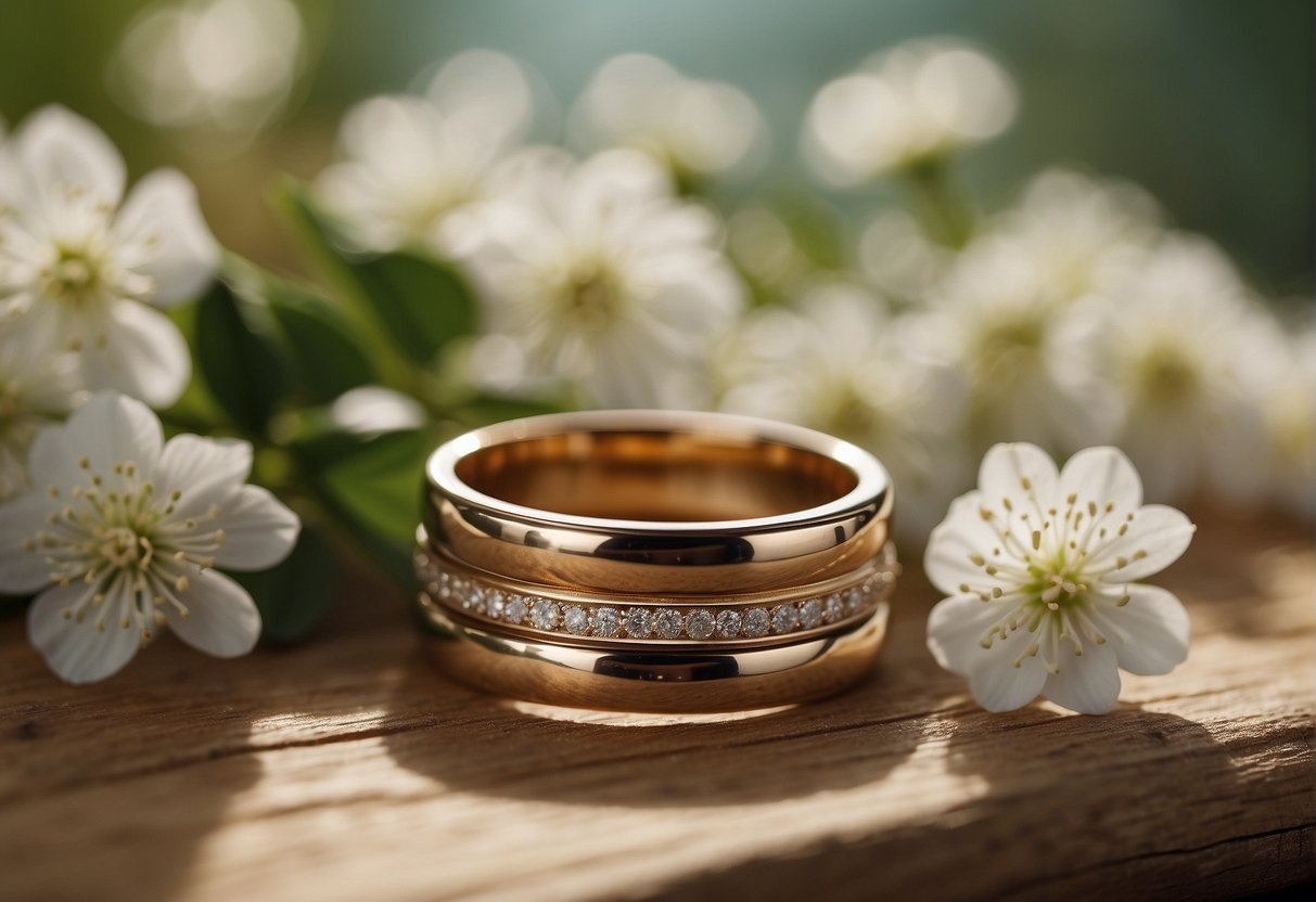 A stack of wedding rings on a rustic wooden surface, surrounded by delicate flowers and greenery, with soft natural light casting a warm glow