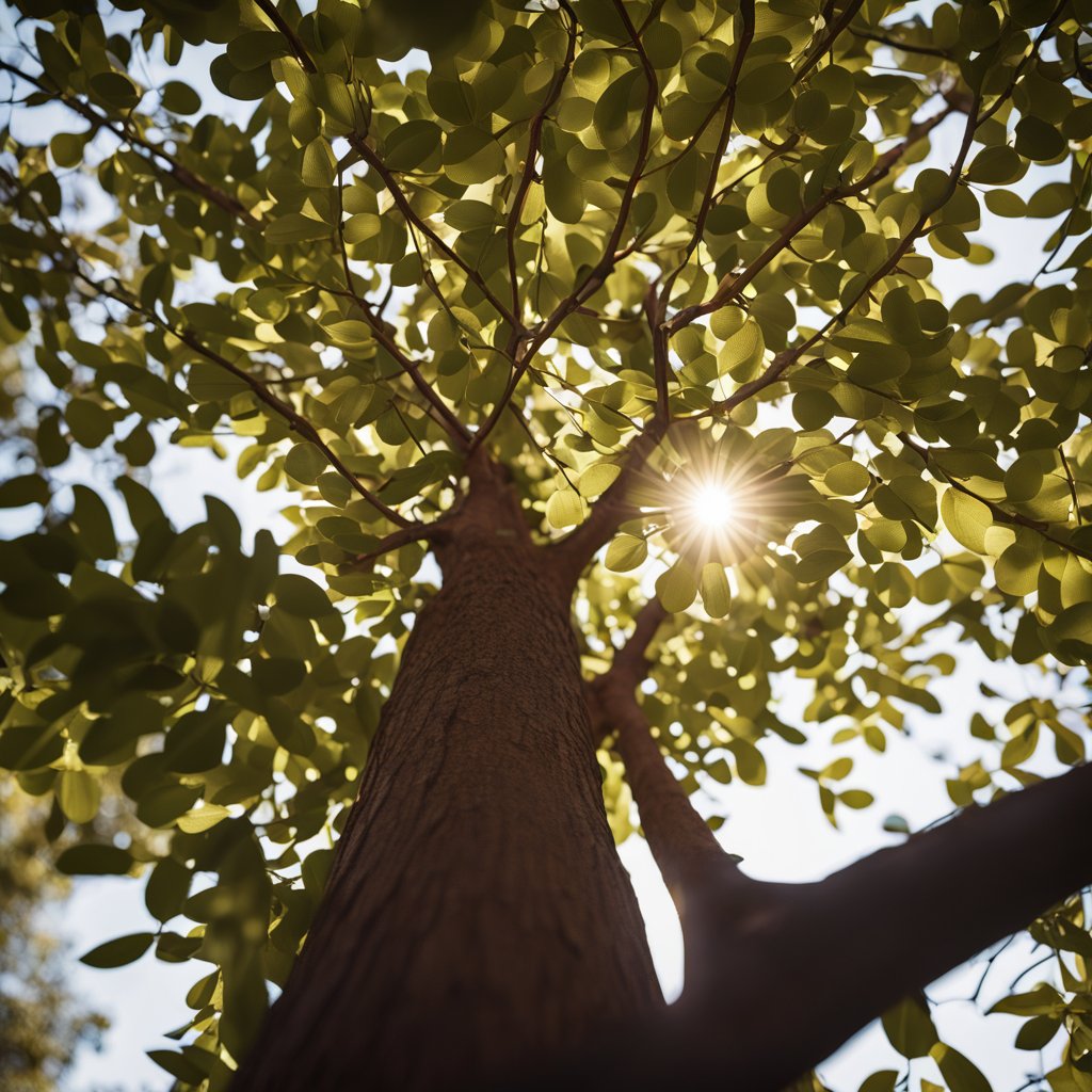A photo-realistic Pacific madrone tree stands tall in a lush forest, with its smooth, red-orange bark peeling away to reveal a pale, smooth surface underneath. Sunlight filters through the canopy, casting dappled shadows on the ground
