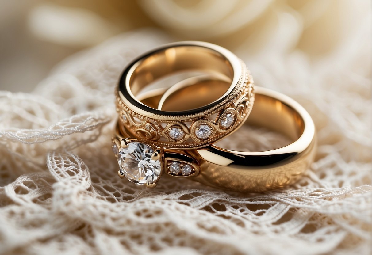 A close-up of a stack of wedding rings on a white lace background, with varying sizes and designs, showcasing a mix of metals and gemstones