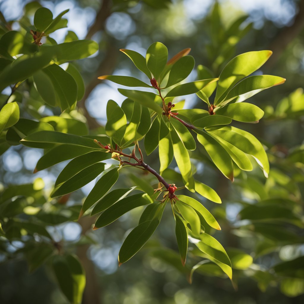 A close-up view of a Pacific madrone tree with distinctive red bark and glossy green leaves, set against a backdrop of a lush, forested environment