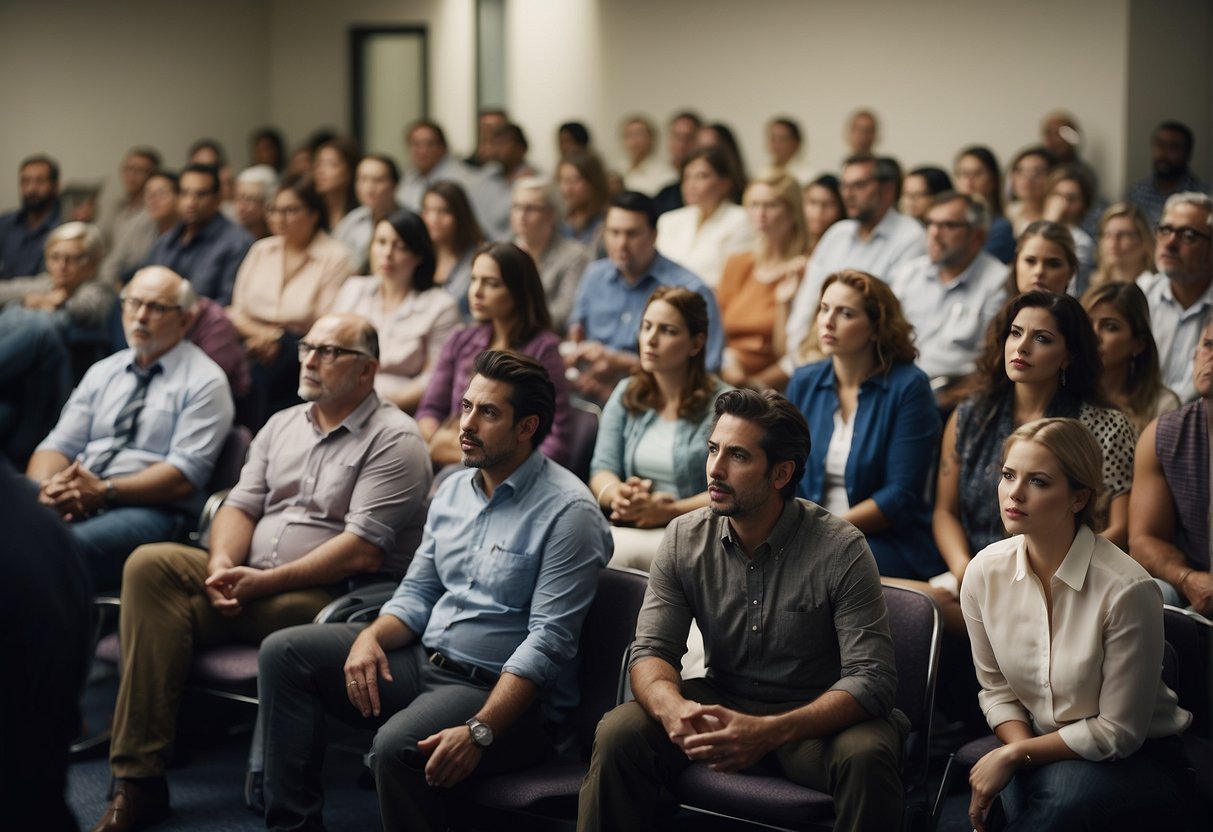 A crowded waiting room at the INSS office, with frustrated individuals sitting and standing, holding paperwork and looking at the clock