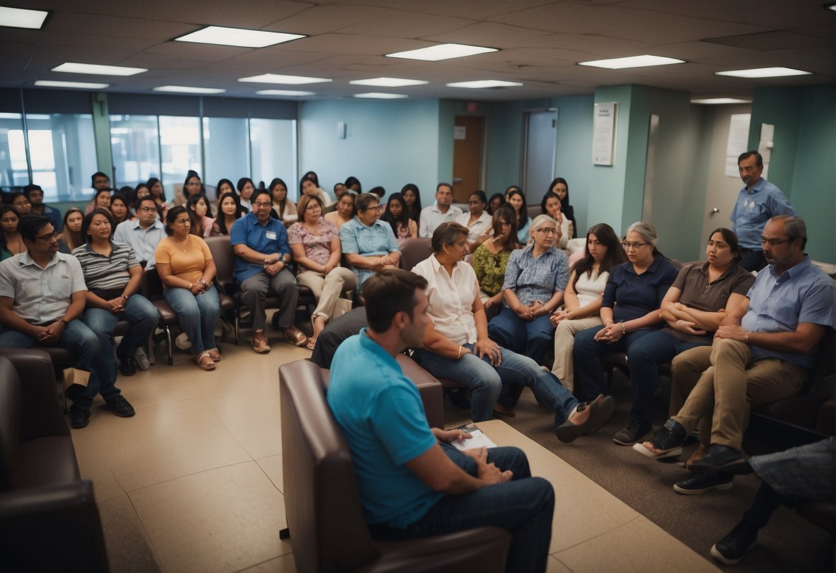 A crowded waiting room at the INSS office, with frustrated individuals sitting and pacing, while overwhelmed staff members attempt to process BPC applications