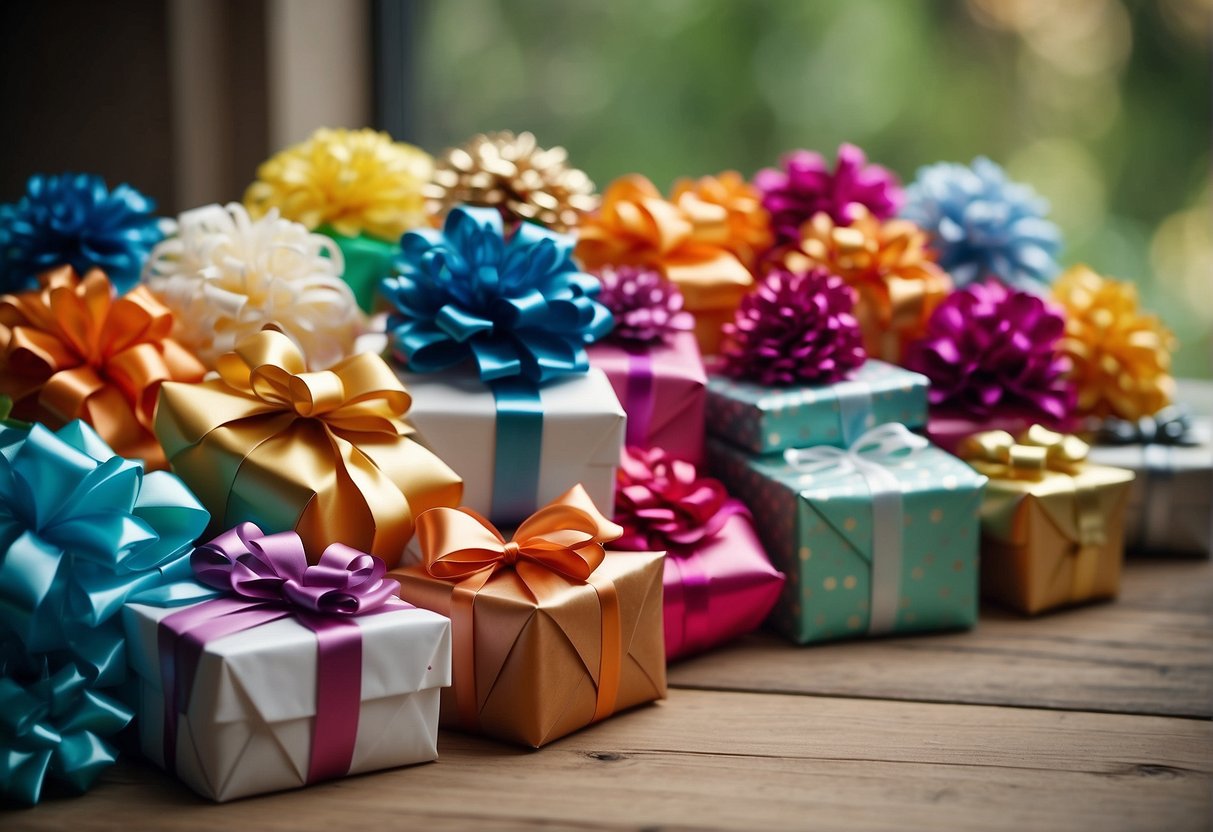 Colorful gift wrap, ribbons, and bows arranged on a table. A variety of paper patterns and textures, along with decorative embellishments like flowers and lace