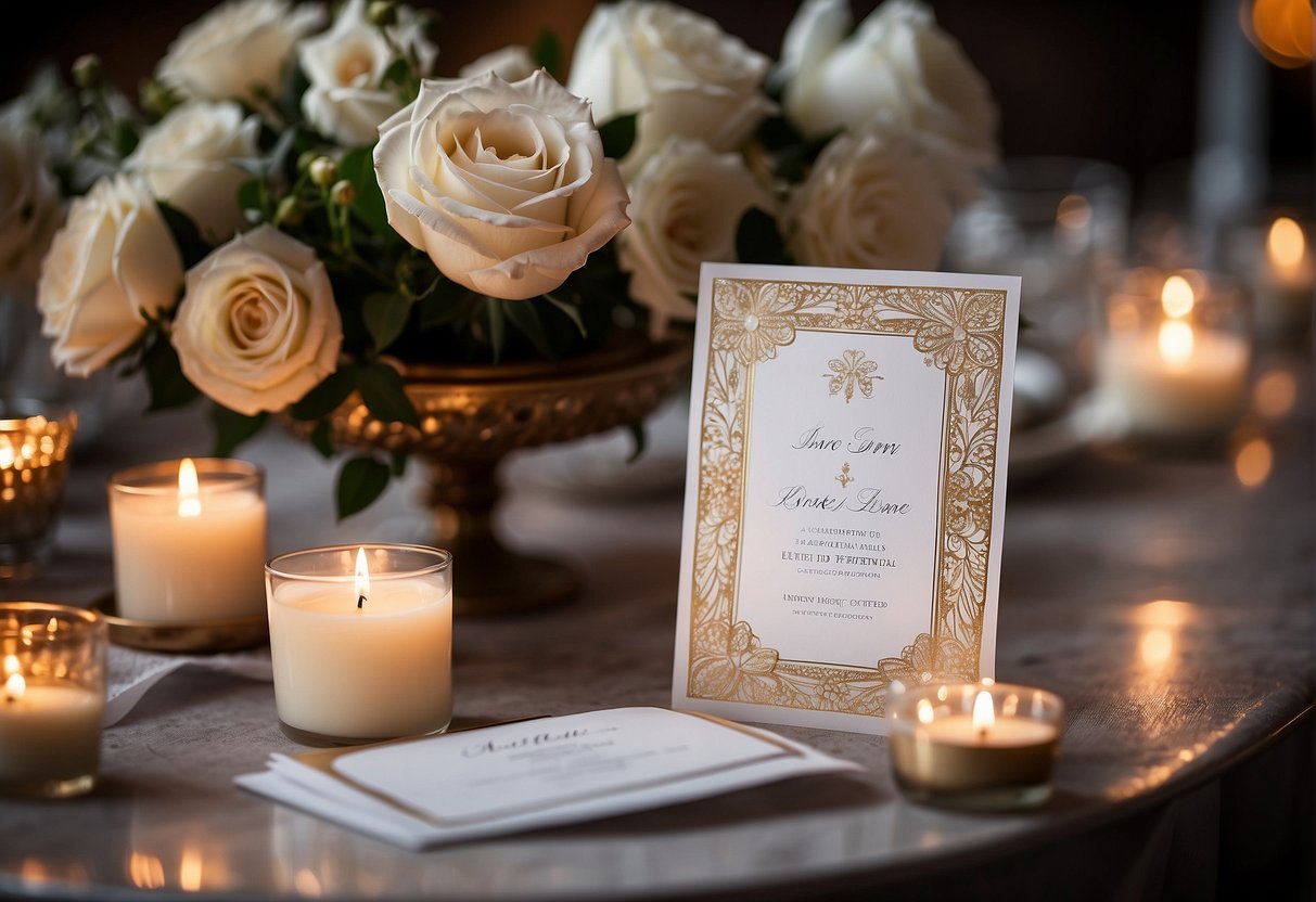 A table set with elegant wedding invitation cards, surrounded by flowers and candles. A soft, romantic lighting highlights the details of the cards