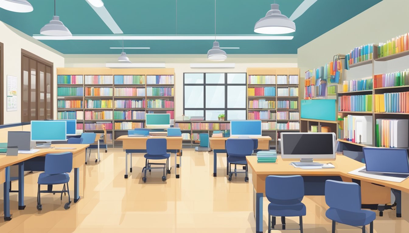 A bright, modern tuition centre in Singapore, with rows of desks, a whiteboard, and shelves of educational materials