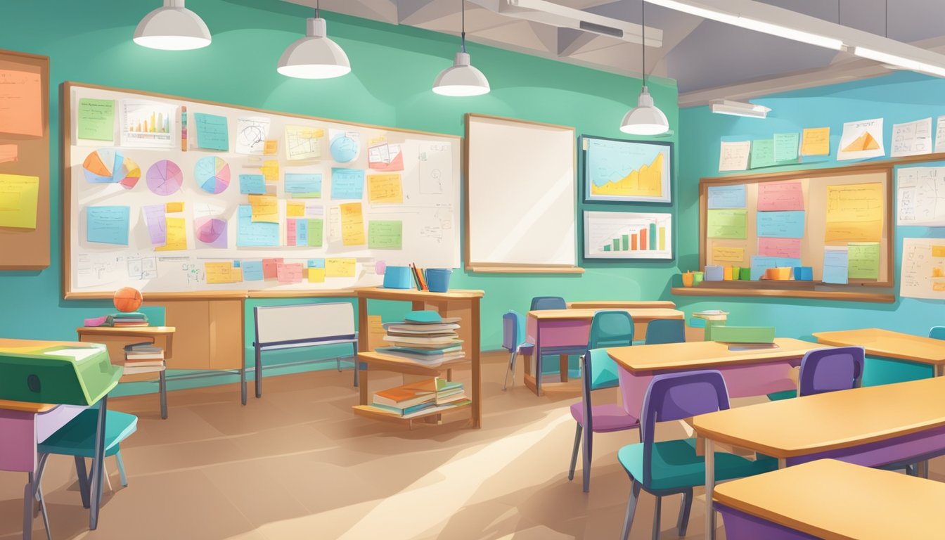 Brightly lit classroom with colorful educational posters, shelves filled with books, and a whiteboard covered in equations and diagrams