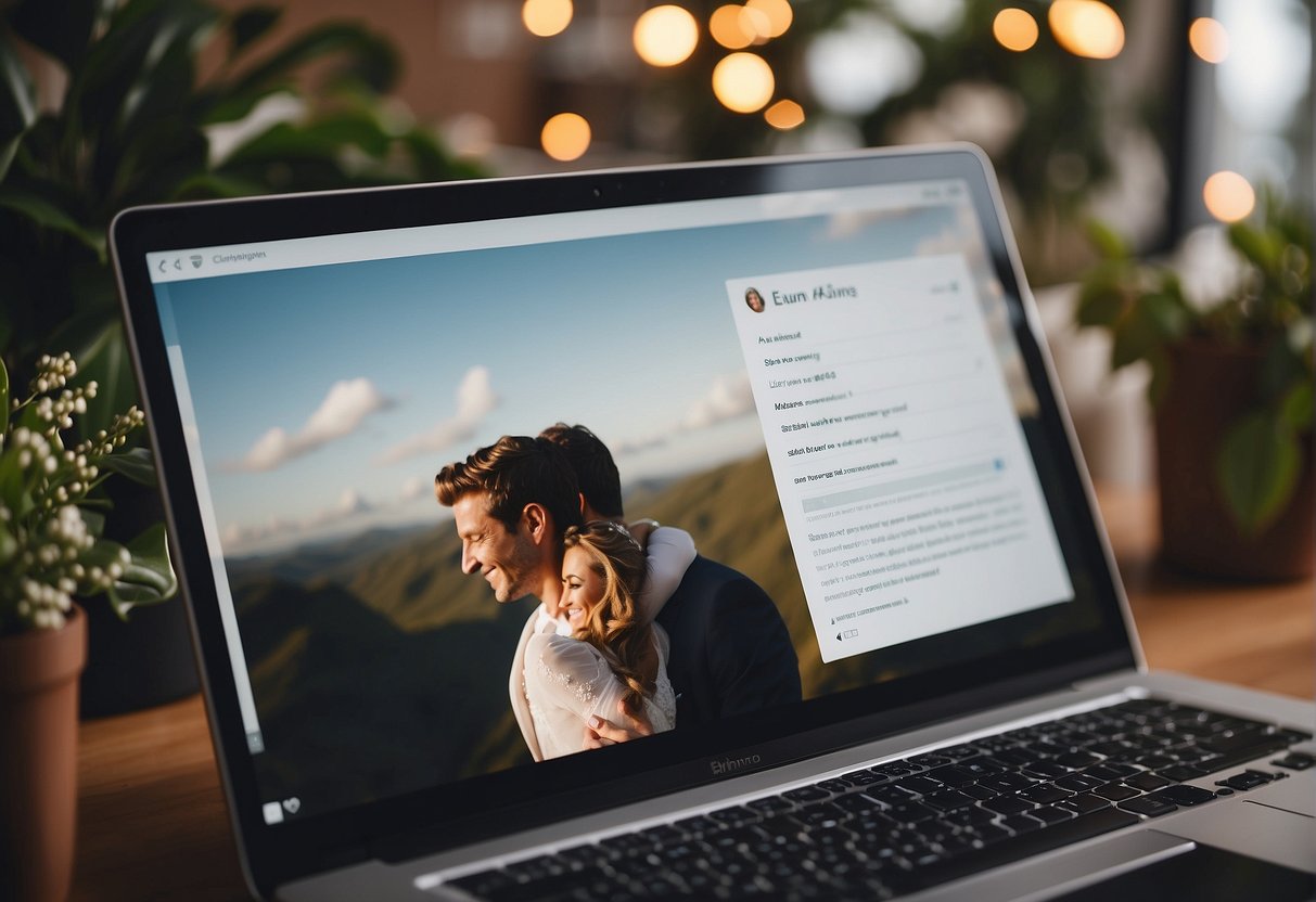 A couple's wedding announcement is being digitally shared across various social media platforms, while also being printed and distributed through modern methods like email newsletters and online wedding announcement websites