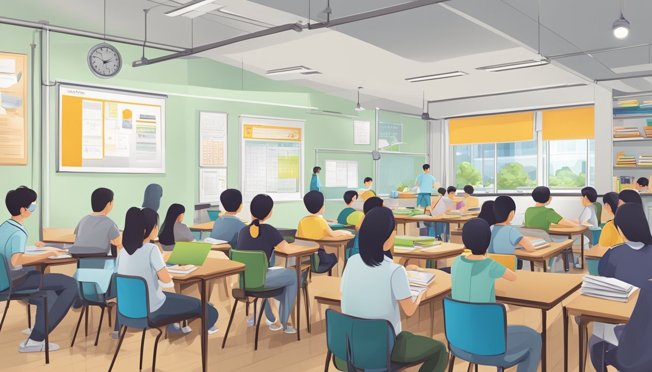 A bustling tuition center in Singapore, with students engaged in learning, tutors providing guidance, and a welcoming atmosphere