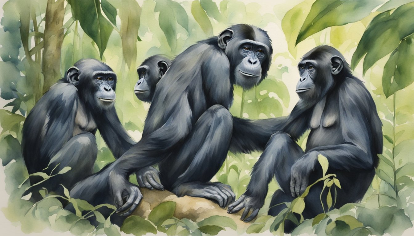 Bonobo apes engage in social grooming and foraging in their natural habitat, surrounded by lush green foliage and tall trees