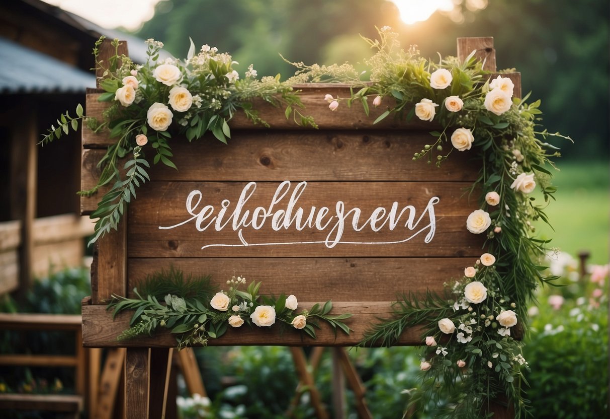 A rustic wooden sign adorned with flowers and calligraphy, surrounded by twinkling lights and lush greenery