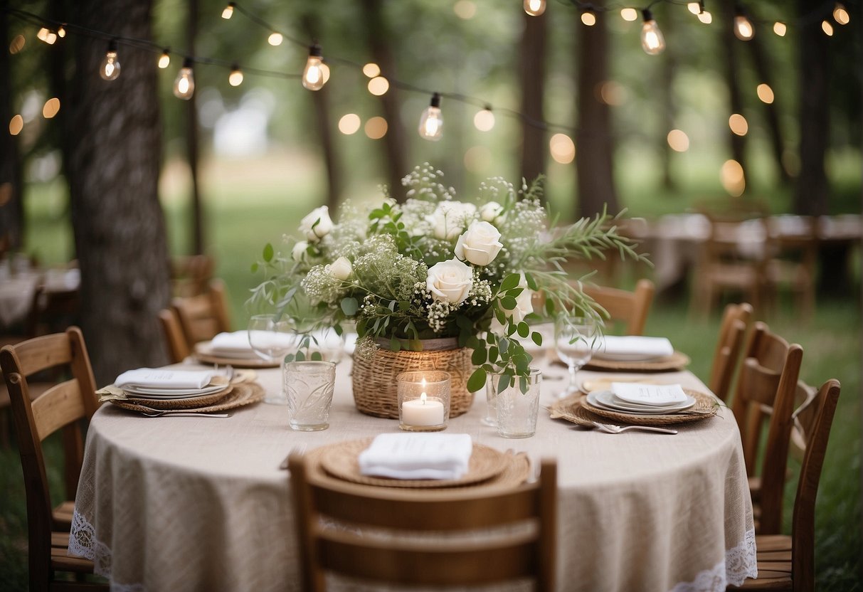 A charming outdoor setting with wooden tables, burlap linens, mason jar centerpieces, and wildflower bouquets. Twinkling string lights and a vintage lace backdrop complete the rustic wedding shower vibe