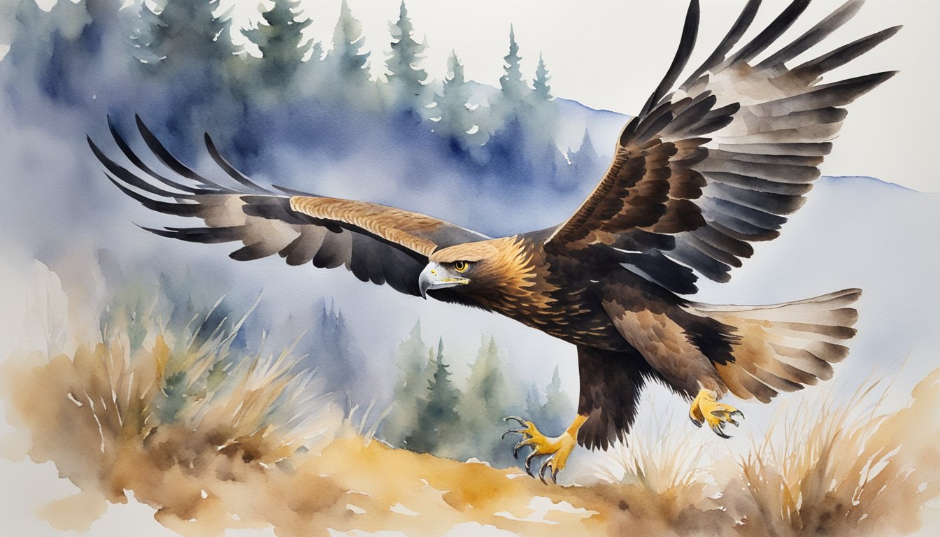 The golden eagle soars through the sky, scanning the ground for prey.</p><p>It spots a rabbit and swiftly dives down to catch its meal