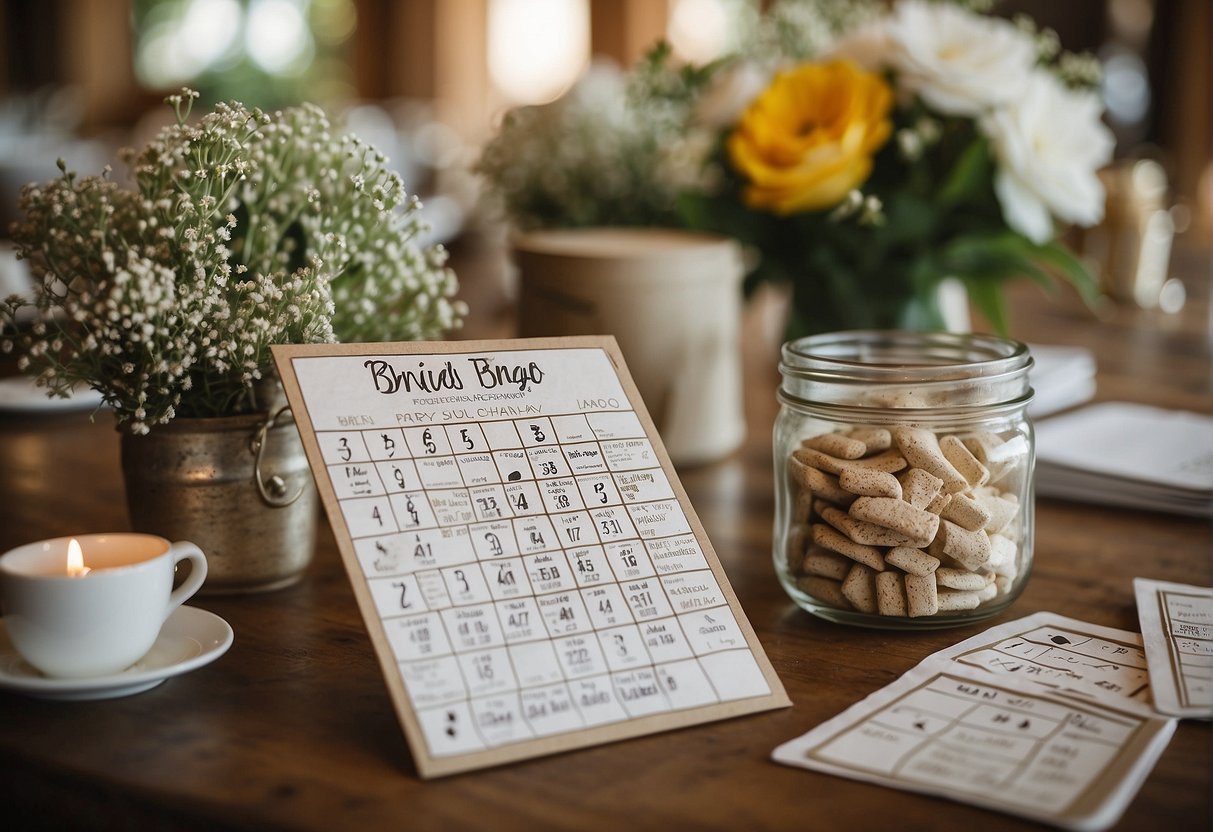 Guests play games, like bridal bingo and advice cards, at a rustic bridal shower. Decor includes mason jars, burlap, and wildflowers