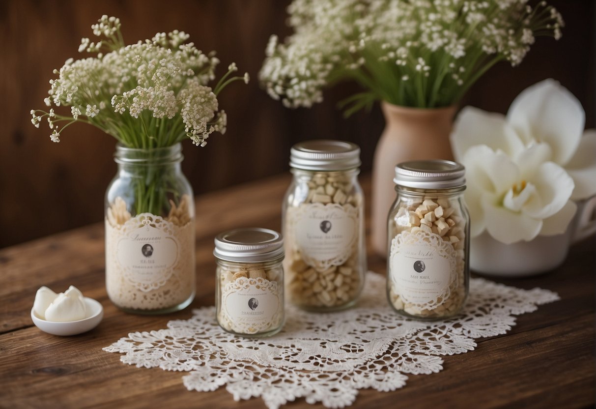 Rustic wedding shower favors and keepsakes displayed on a wooden table with wildflowers and lace accents