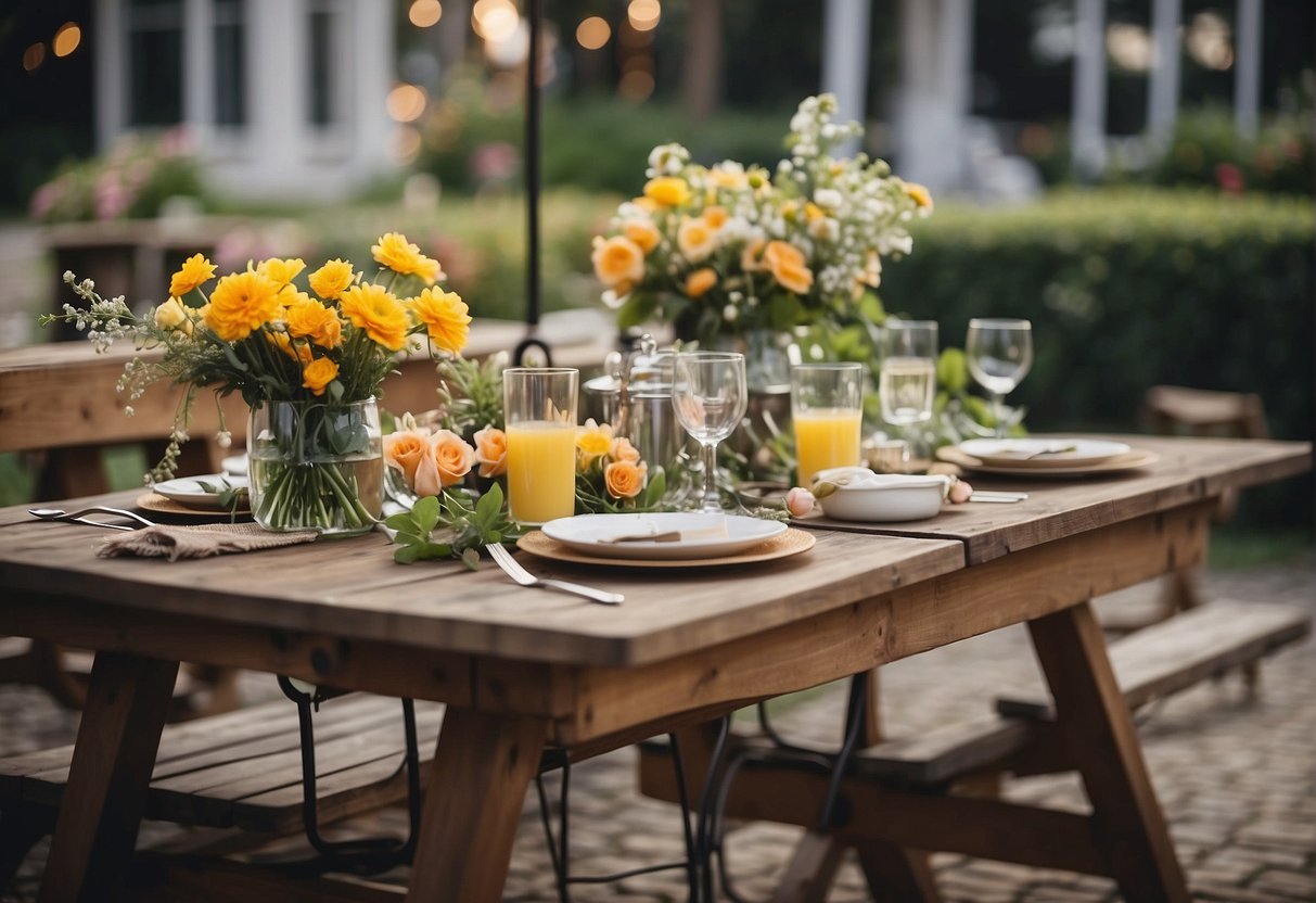 A charming outdoor setting with a wooden table adorned with fresh flowers, vintage glassware, and a variety of rustic refreshments and catering options