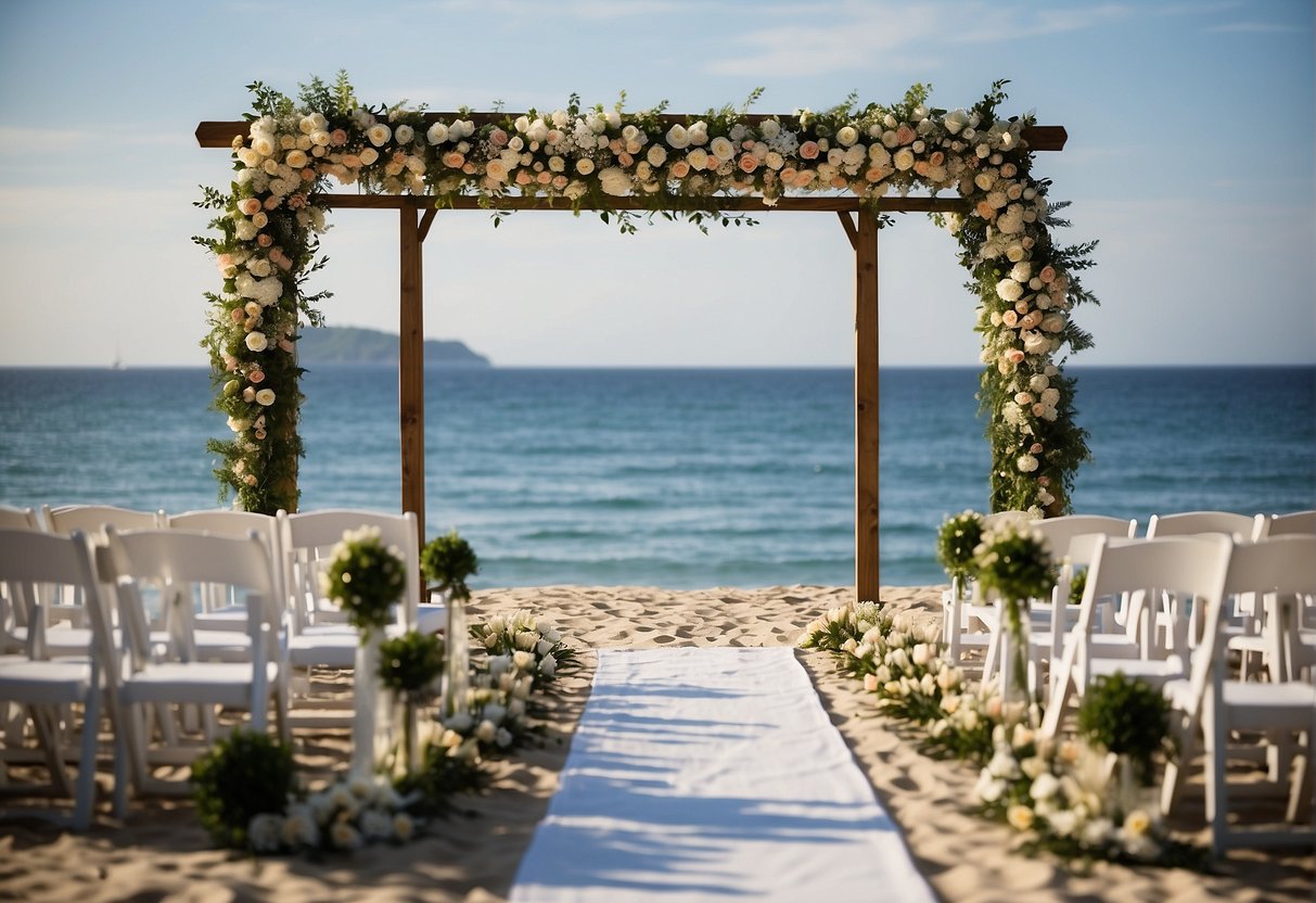 A beach wedding scene with a simple wooden arch adorned with flowers, white chairs set up on the sand, and the ocean in the background