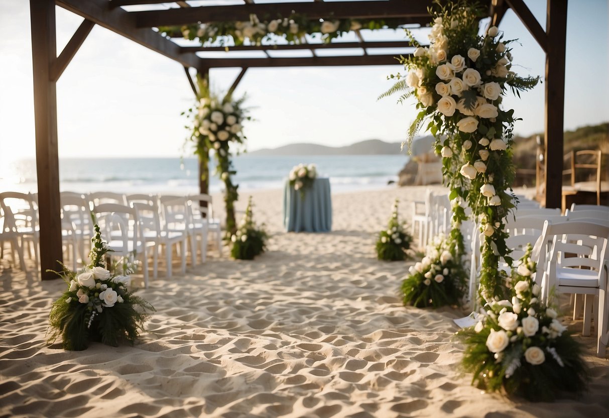 A beach wedding ceremony set up with chairs, an arch adorned with flowers, and a sandy aisle leading to the ocean. A reception area with tables, string lights, and a dance floor on the sand