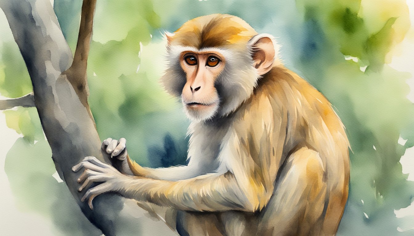 A rhesus macaque sits on a tree branch, grooming its fur with its fingers.</p><p>The monkey's expressive face and long tail are prominent in the scene