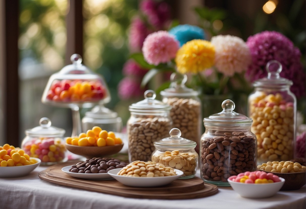 A colorful candy bar with jars of sweets, a variety of candies, and decorative signage, set against a backdrop of flowers and draped fabric