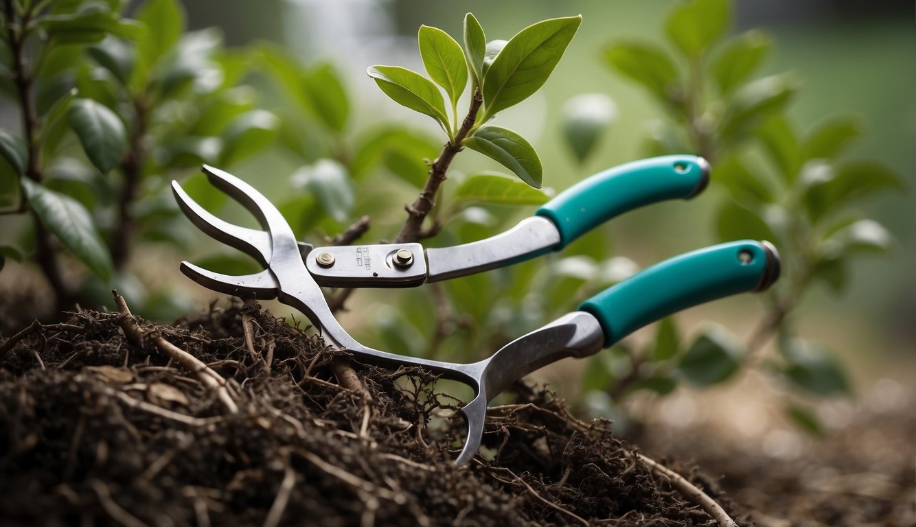 A pair of pruning shears cuts a healthy branch from a young tree. The branch is then trimmed and placed in a container of water to encourage root growth
