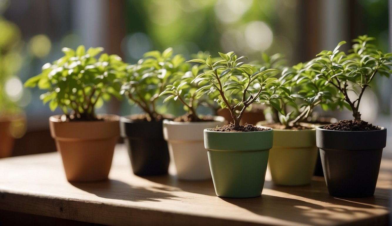 Lush green branches sprout from small pots, showcasing various tree species grown from cuttings. Each pot sits on a sunlit table in a cozy garden setting