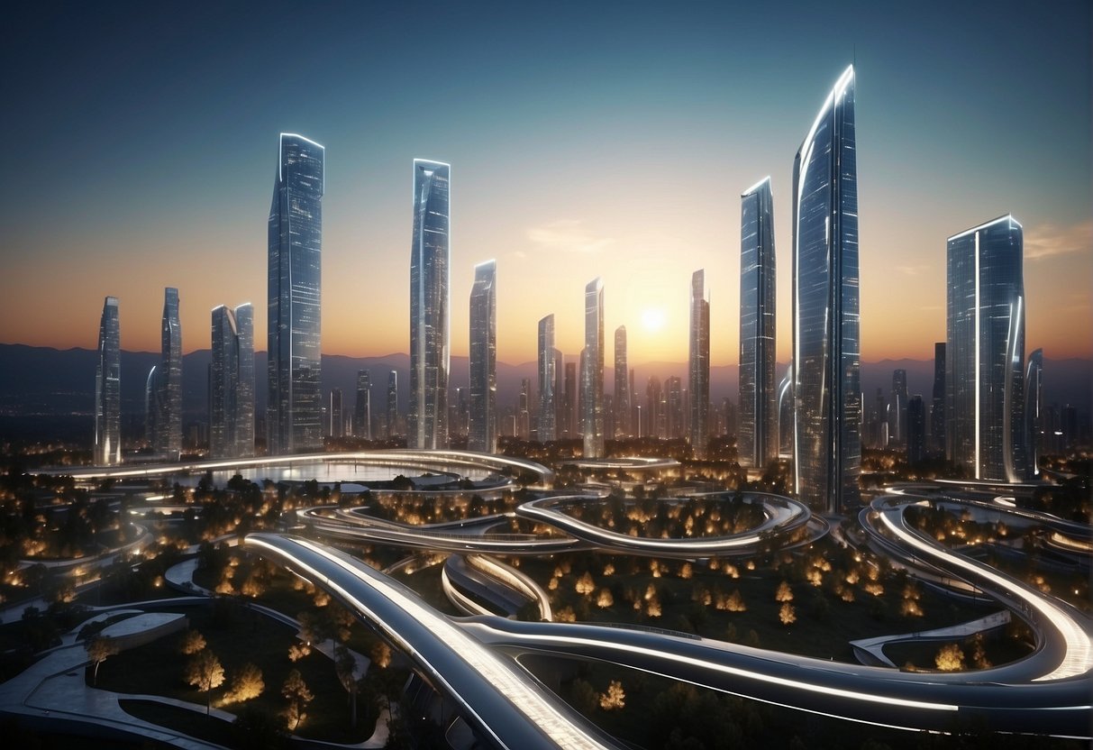 A futuristic city skyline with AI-powered energy grids and renewable resource infrastructure