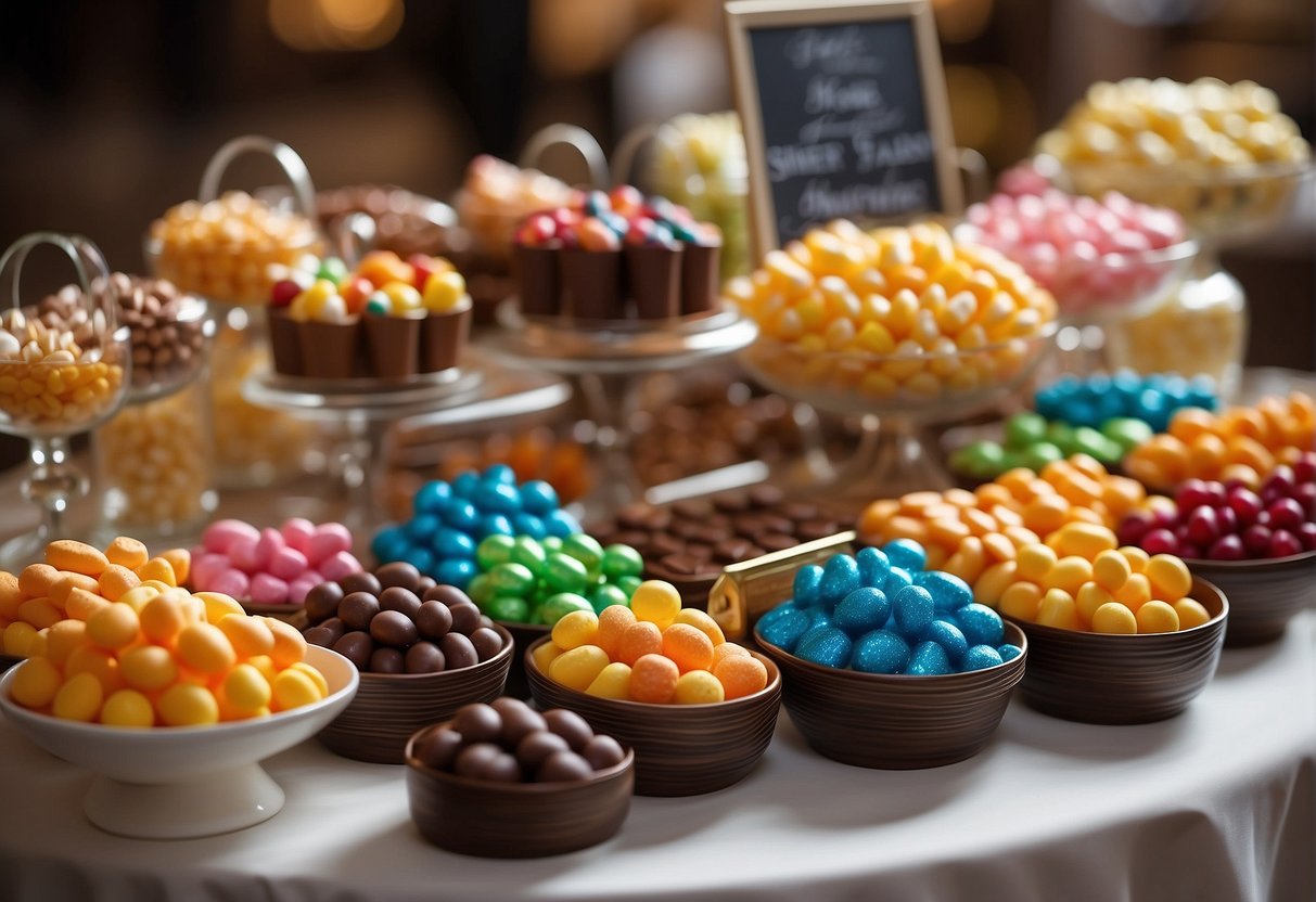 A colorful array of candies and chocolates displayed on a decorated table with personalized labels and signage for a wedding candy bar
